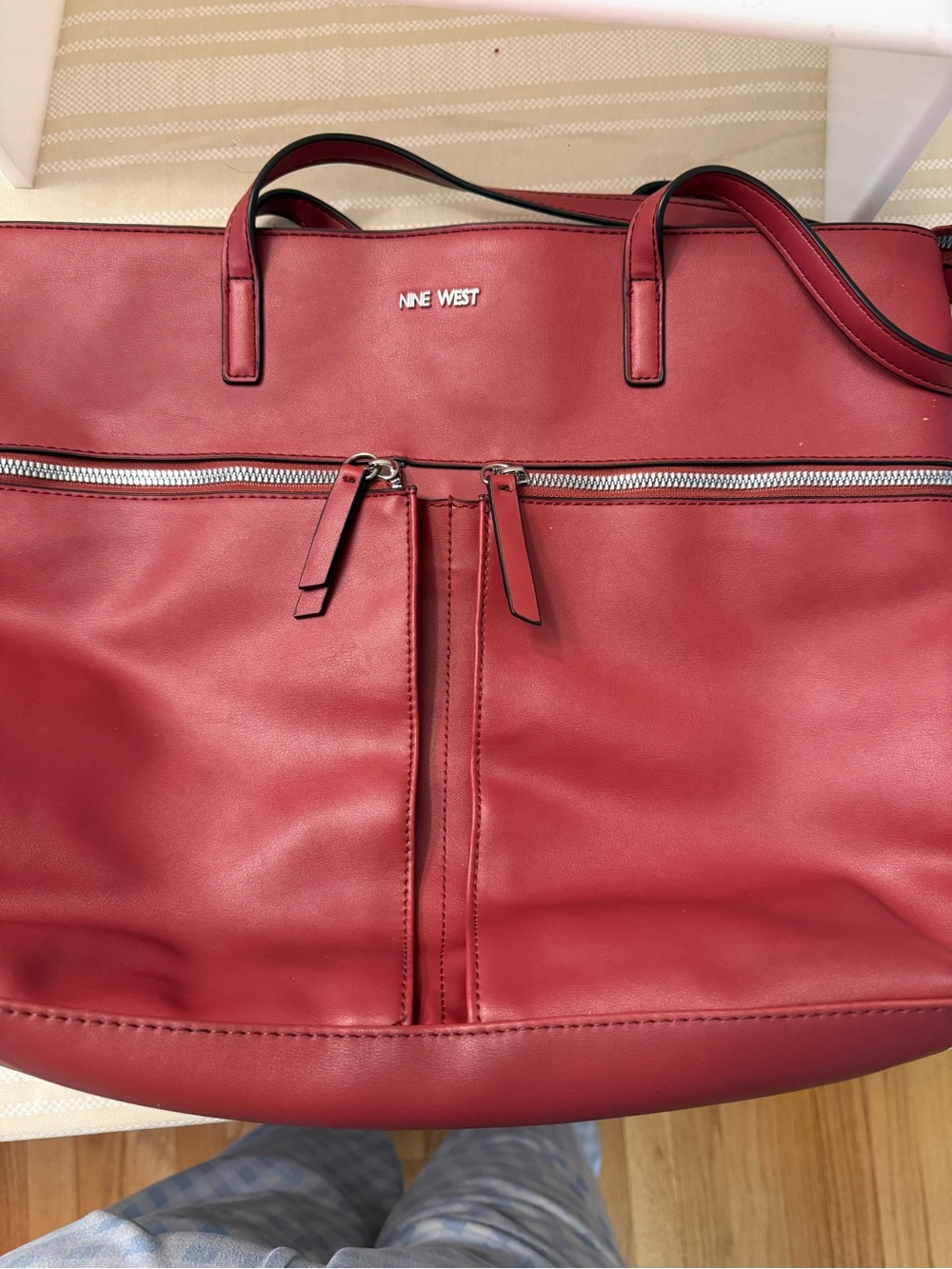 Nine West Red Faux-Leather Tote,  Front Zipper Detail-12 1/2 x 15 1/2 x 4 1/2“